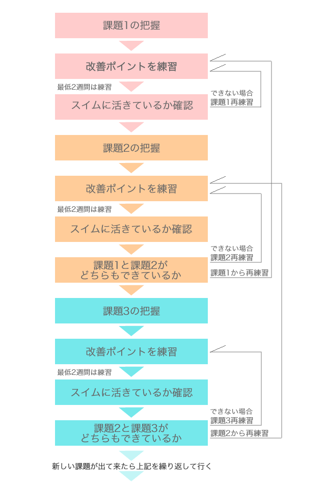 クロール・背泳ぎ・平泳ぎ・バタフライ　フォーム改善フロー